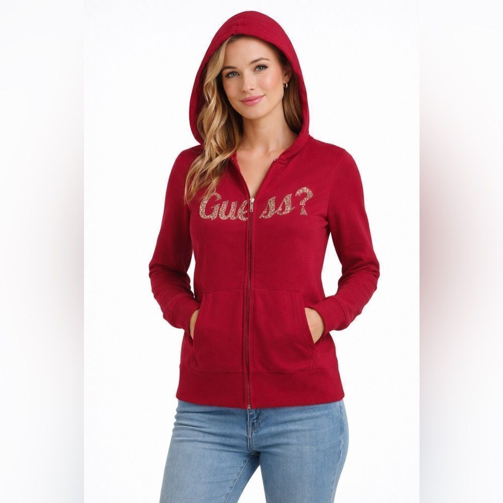 Guess Women's Y2K Cherry Red Zip Up Rhinestone Hoodie Sweater Size Large